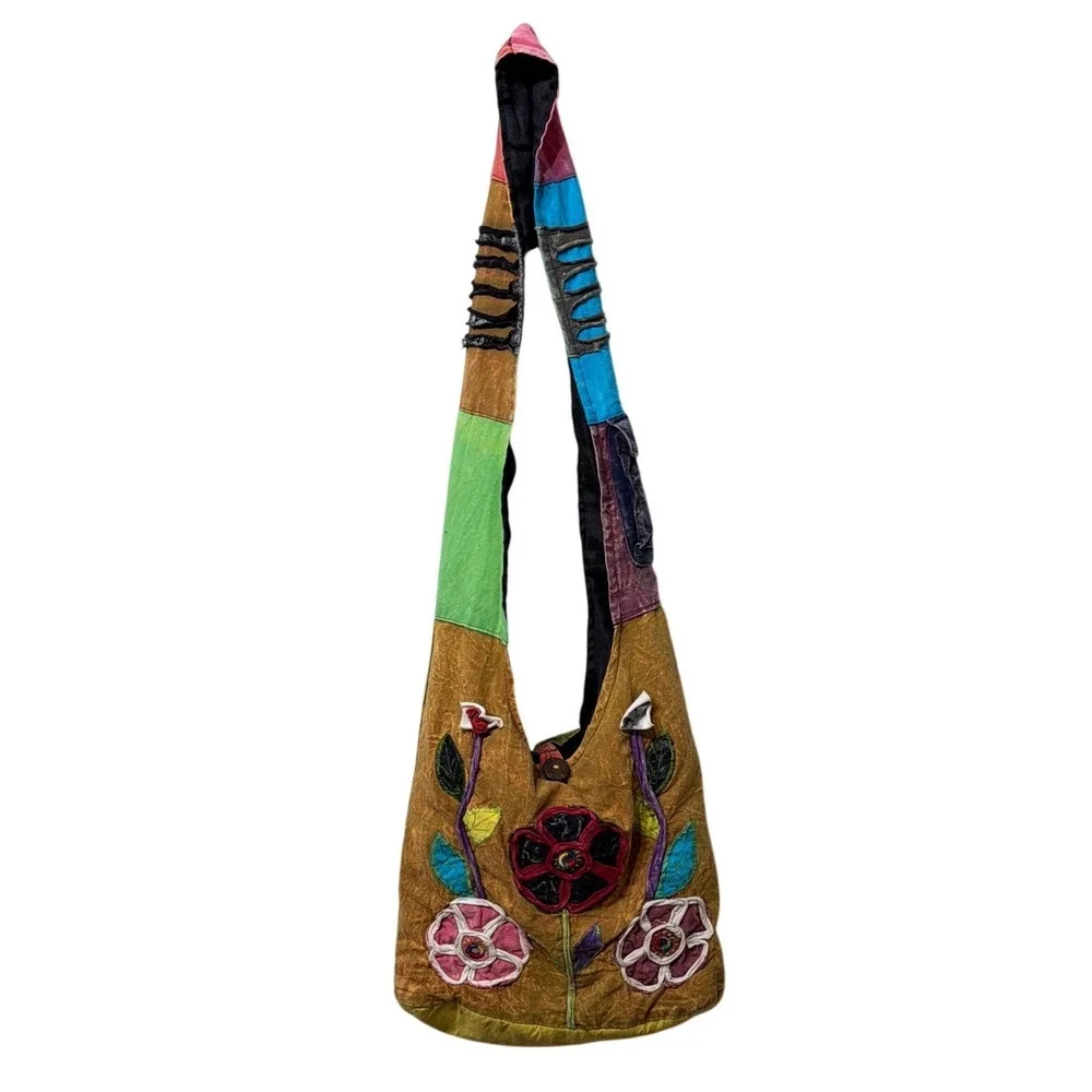 Boho Patchwork Floral Embroidered Cotton Hobo Bag Nepal Crossbody Hippie Slouchy